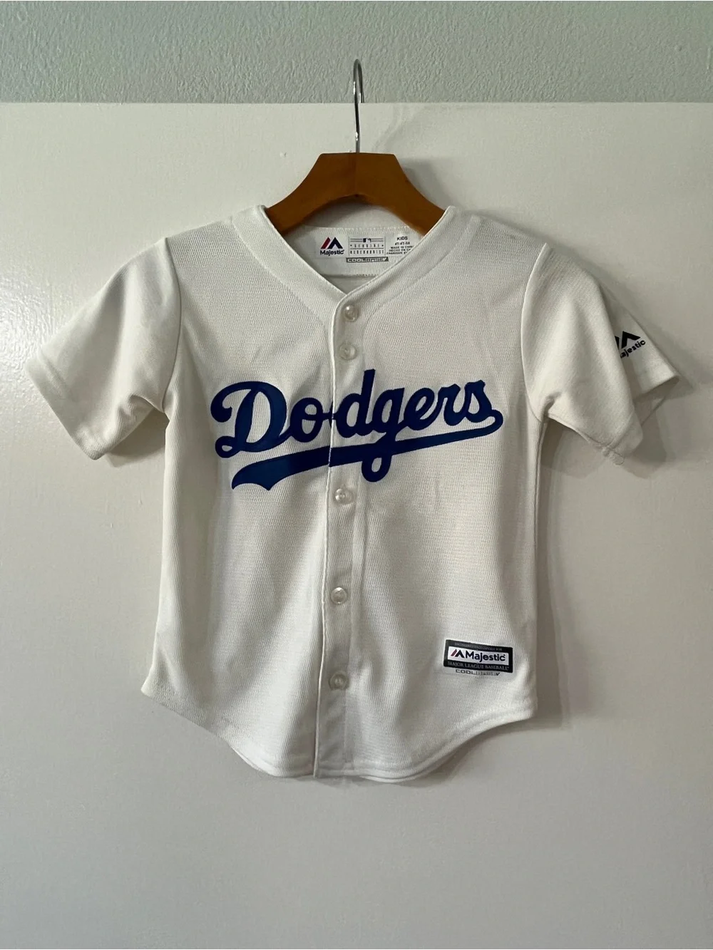 Majestic White Dodgers Youth Button-Up Jersey with Blue Script